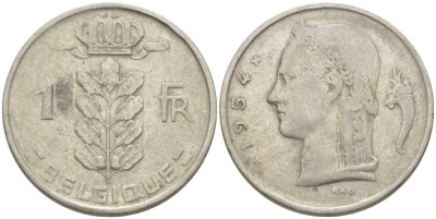БЕЛЬГИЯ 1 ФРАНК 1954 BELGIQUE, БОДУЭН I (1951-1993) KM 142.1 медно-никель 119-442