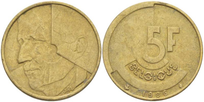 БЕЛЬГИЯ 5 ФРАНКОВ 1986 BELGIQUE, БОДУЭН I (1951-1993) KM 163 латунь или алюминиевая бронза 4364-1945