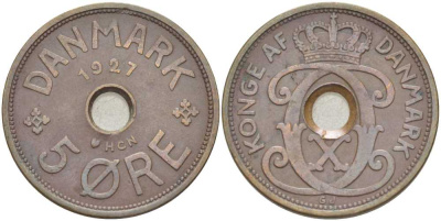 ДАНИЯ 5 ЭРЕ 1927 NCN; GJ, КРИСТИАН X (1912-1947) KM 828.1 бронза 180-1224