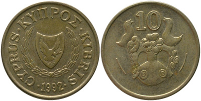 Кипр 10 центов 1992 KM 56.3 никель латунь 4380-316