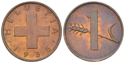 Швейцария 1 раппен 1985 KM 46 бронза aUNC 4115-1128