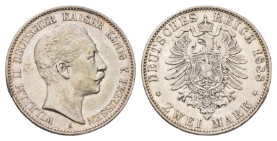 Пруссия 2 марки 1888 A, Вильгельм II (1888-1918) KM 511 серебро 00-814-56
