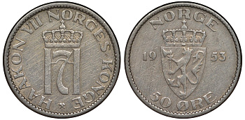 Норвегия 50 эре 1953 Хокон VII (1905-1957) KM 402 медно-никель 4128-1122