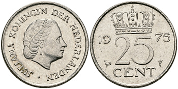 Нидерланды 25 центов 1975 Юлиана (1949-1980) KM 183 никель 96-238