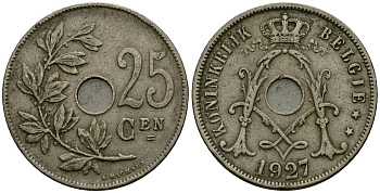 Бельгия 25 сантимов 1927 BELGIE KM 69 медно-никель 4172-123