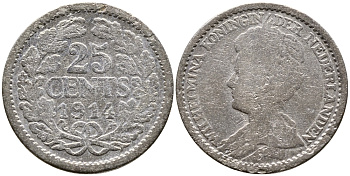 Нидерланды 25 центов 1914 Вильгельмина (1890-1948) KM 146  серебро 4387-726