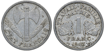 Франция 1 франк 1943 правительство Виши KM 902.1, Le Franc 223.3 алюминий 4163-422