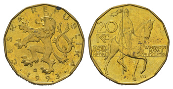 Чехия 20 крон 1993 чешский лев, герцог Вацлав на коне KM 5 сталь плакированная латунью aUNC 4622-422