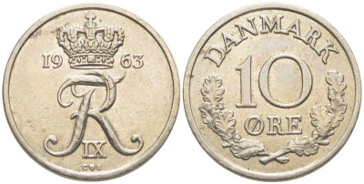 ДАНИЯ 10 ЭРЕ 1963 C;S, ФРЕДЕРИК IX (1947-1972) KM 849,1 медно-никель 201-1222