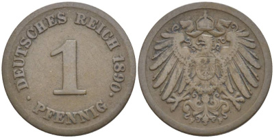 ГЕРМАНИЯ 1 ПФЕННИГ 1890 F KM 10, Jager. 10, Weege 2 медь 4528-1118