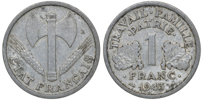 Франция 1 франк 1943 правительство Виши KM 902.1, Le Franc 223.3 алюминий 4163-422