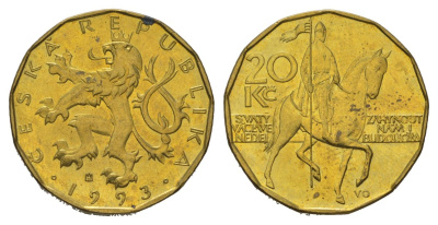 Чехия 20 крон 1993 чешский лев, герцог Вацлав на коне KM 5 сталь плакированная латунью aUNC 4622-422