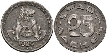 город Аахен 25 пфеннигов 1920 нотгельд, собака  цинк 4595-247