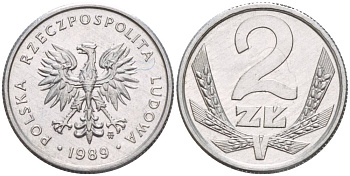 Польша 2 злотых 1989 MW, Народная Республика KM 80.3, Parchimowicz 219a алюминий 4544-554