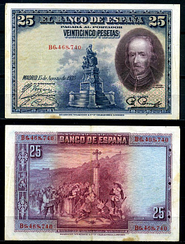 Испания 25 песет 1928 серия, Пьедро Кальдерон де ла Барка Pick 74b бумага 7203-52-1-2