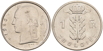 БЕЛЬГИЯ 1 ФРАНК 1980 BELGIE KM 143.1 медно-никель 92-354