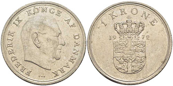 Дания 1 крона 1972 S; S, Фредерик IX (1947-1972) KM 851.2 медно-никель 4388-141