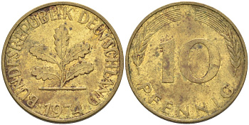 ФРГ 10 пфеннигов 1974 G KM 106 сталь плакированная латунью 4571-537