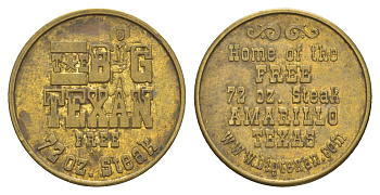 США, Техас жетон ресторана The Big Texan Steak Ranch диаметр 24 мм, вес 5,5 гр латунь 4656-511