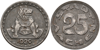 город Аахен 25 пфеннигов 1920 нотгельд, собака  цинк 4595-247