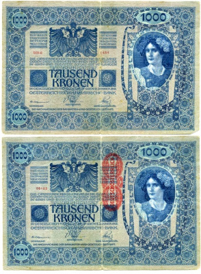 АВСТРИЯ 1000 КРОН 1919 КРАСНАЯ ВЕРТИКАЛЬНАЯ НАДПЕЧАТКА НА 1902 Pick 59 бумага 7146-59-2