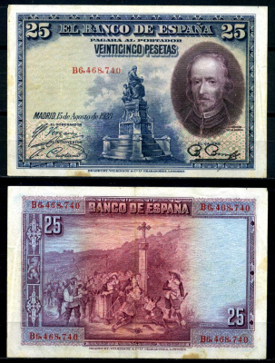 Испания 25 песет 1928 серия, Пьедро Кальдерон де ла Барка Pick 74b бумага 7203-52-1-2