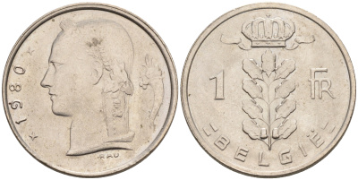 БЕЛЬГИЯ 1 ФРАНК 1980 BELGIE KM 143.1 медно-никель 92-354