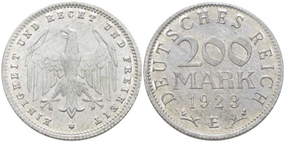ГЕРМАНИЯ 200 МАРОК 1923 E KM 35, J. 304, Weege 22 алюминий 210-445