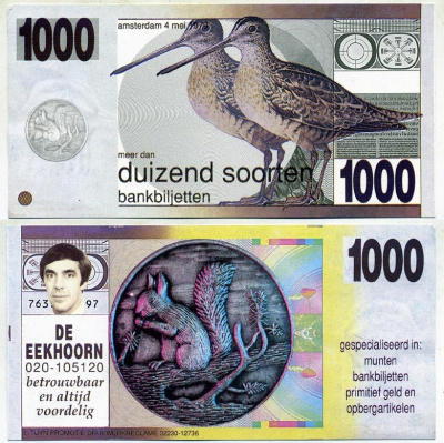 НИДЕРЛАНДЫ СУВЕНИРНАЯ БАНКНОТА ND DUIZEND SOORTEN BANKBILJETTEN, АМСТЕРДАМ 4 МАЯ, ПТИЧКИ, БЕЛКА бумага UNC (ПРЕСС) 7146-53-2-1