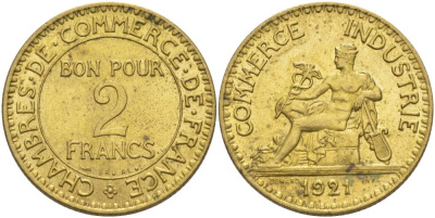 ФРАНЦИЯ 2 ФРАНКА 1921 ТИП CHAMBRES DE COMMERCE KM 877, LE FRANC 267.3 алюминиевая бронза 69-1132