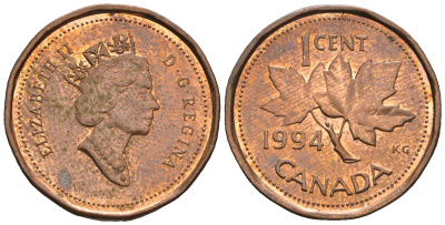 Канада 1 цент 1994 Елизавета II (1952-2022), кленовый лист KM 181 бронза 4609-246