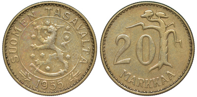 ФИНЛЯНДИЯ 20 МАРОК 1955 H KM 39 алюминиевая бронза 3334-736