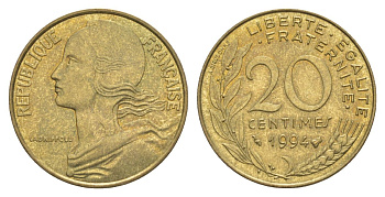 Франция 20 сантимов 1994 тип Morlon KM 930, Le Franc 156.37 алюминиевая бронза UNC 4631-516