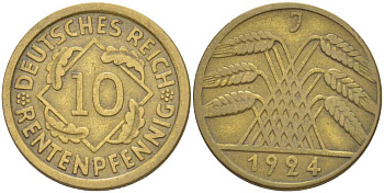 ГЕРМАНИЯ 10 РЕНTЕНПФЕННИГОВ 1924 J KM 33, J. 309, Weege 8 алюминиевая бронза 210-321