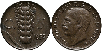 ИТАЛИЯ 5 ЧЕНТЕЗИМО 1932 R, ВИКТОР ИМАНУИЛ KM 59 медь 75-1039