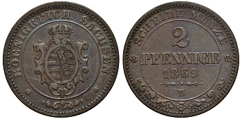 Саксония 2 пфеннига 1869 В, Иоганн (1854-1873) KM 1217, Jaeger 121, AKS 155 медь 44-1229