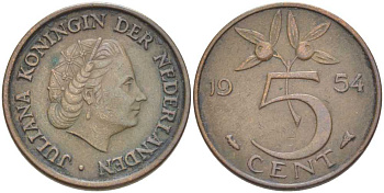 НИДЕРЛАНДЫ 5 ЦЕНТОВ 1954 ЮЛИАНА (1948-1980) KM 181 бронза 213-1021