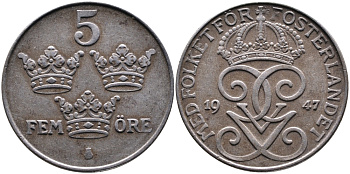 Швеция 5 эре 1947 Густав V (1907-1950) KM 812 железо 4389-134