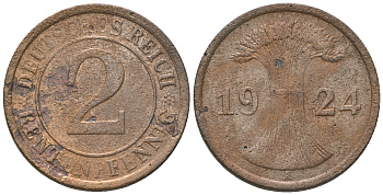 Германия 2 рентенпфеннига 1924 A KM 31, J.307 бронза 4164-644