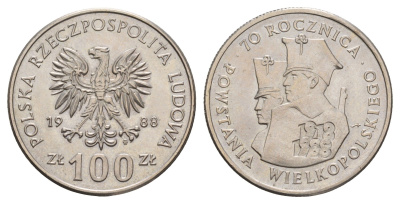 Польша 100 злотых 1988 70 лет Великопольскому восстанию Y 182 медно-никель UNC 4654-1026
