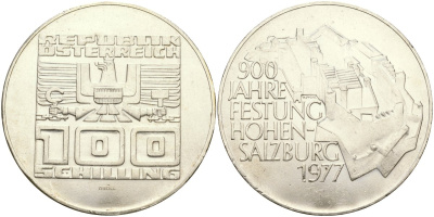 Австрия 100 шиллингов 1977 900 лет Хоэнзальцбург крепости KM 2935 серебро UNC 02-118-33