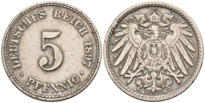 Германия 5 пфеннигов 1897 A KM 11, J. 12 медно-никель 4151-412