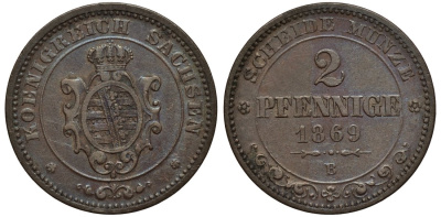 Саксония 2 пфеннига 1869 В, Иоганн (1854-1873) KM 1217, Jaeger 121, AKS 155 медь 44-1229