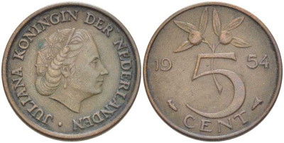 НИДЕРЛАНДЫ 5 ЦЕНТОВ 1954 ЮЛИАНА (1948-1980) KM 181 бронза 213-1021