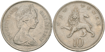 Великобритания 10 пенсов 1969 Елизавета II (1952-2022) KM 912, Spink 4231 (F1) медно-никель 08-426