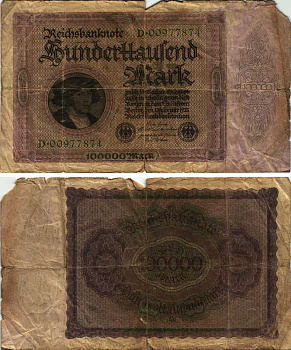 Германия 100000 марок 1923 Георг Гизе, без T под портретом, 8 цифр в номере Pick 83 a, Розенберг 82 а бумага 8610-36-1