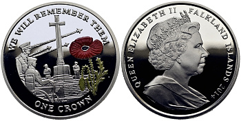 Фолклендские острова 1 крона 2014 в память героев первой мировой войны, военный мемориал Содружества, красный мак KM 176a.1 серебро, эмаль  PROOF 1071-2-42