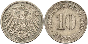 ГЕРМАНИЯ 10 ПФЕННИГОВ 1908 D KM 12, J. 13 медно-никель 31-441