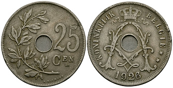 Бельгия 25 сантимов 1926 Belgie KM 69 медно-никель 4165-911