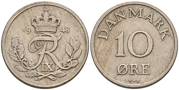 ДАНИЯ 10 ЭРЕ 1948 ФРИДЕРИК IX KM 841.1 медно-никель 4564-1213